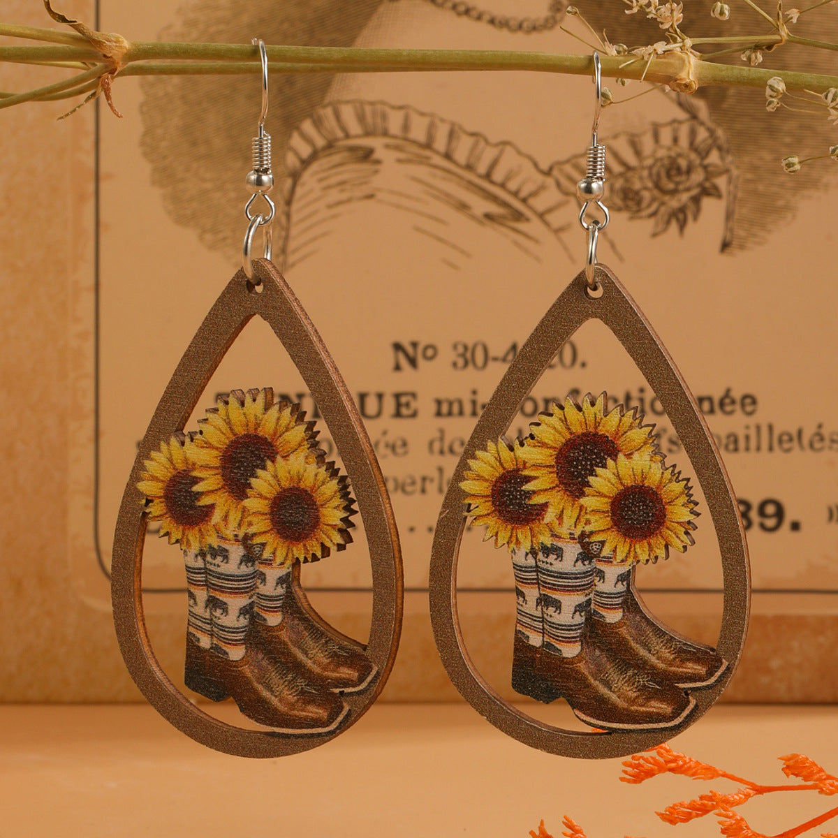 Wholesale Western Cowboy Boots Hat Teardrop Shape Wooden Earrings